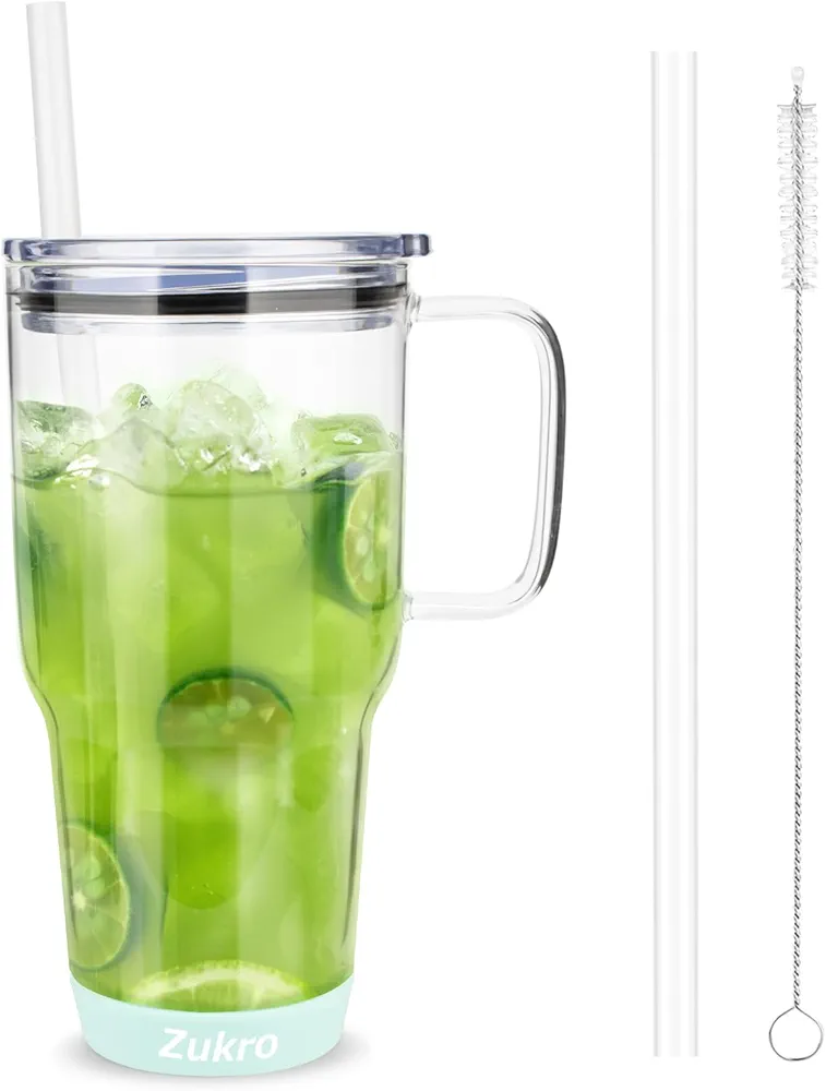 Zukro 32 oz Drinking Glass Tumbler with Handle, Iced Coffee Cup with Straw and Lid, Reusable Glass Water Cup With Silicone Bumper for Beer, Fits In Cup Holder, Dishwasher Safe, BPA Free, Blessedblue