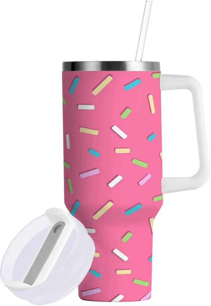Sprinkles Pink Donut Glaze Insulated Tumblers Reusable Stainless Steel Tumbler 40 oz Cup Coffee Travel Mug Water Bottle with Handle & Flip Straw for Home Office Car