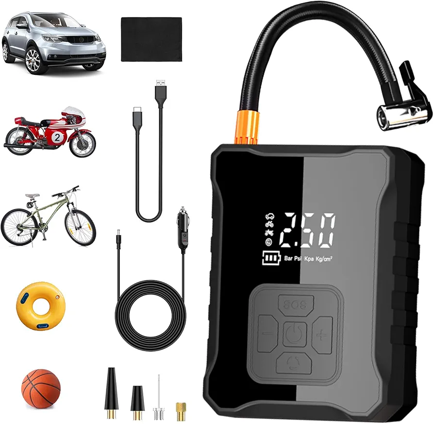 Tire Inflator Portable Air Compressor,2X Fast Portable Tire Inflator for Car,150 PSI Cordless Air Pump with Digital Pressure Gauge, Rechargeable Tire Pump for Car Bike Motorcycle Ball Balloon