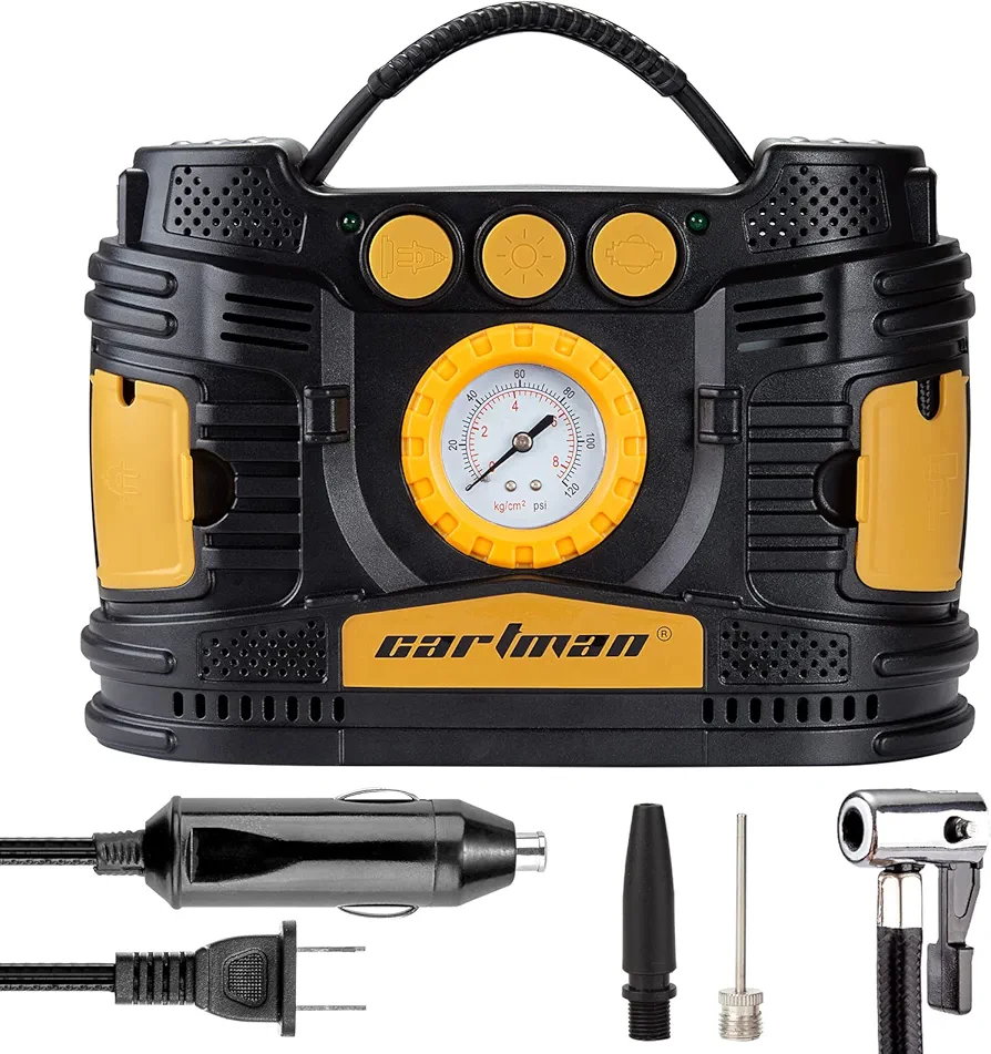 Cartman Portable Air Compressor Pump, Car 12V DC and Home 110V AC Swift Performance Tire Inflator with Adaptors for Cars, Trucks, Bicycle, Motorcycle, Basketball
