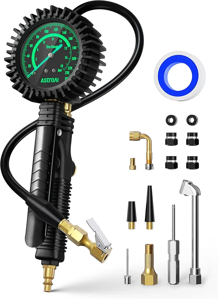 AstroAI 2023 Upgraded Tire Inflator with Pressure Gauge 230PSI - ANSI B40.1 Accurate, Large 2.6" Easy Read Glow Dial, Extra Long Rubber Hose with 360° Air Chuck, Compatible with Cars/Trucks/RV