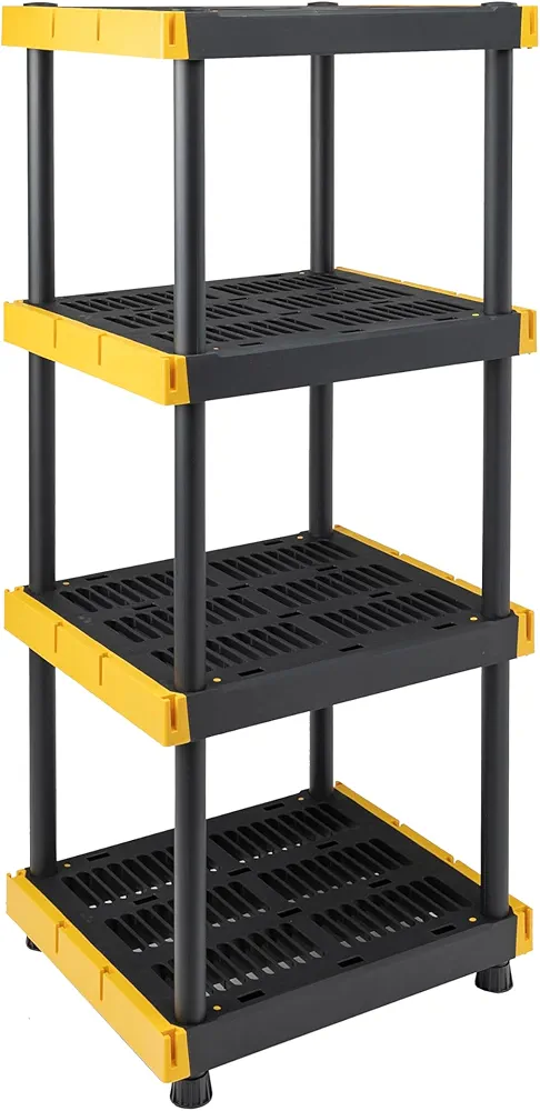 BLACK & YELLOW® 4-Tier Heavy Duty Plastic Storage Shelving Unit, 100lbs/shelf (55”H x 24”W x 20”D), for Indoor/Outdoor Organization, Modular Rack, Extremely Durable®, Made in The USA