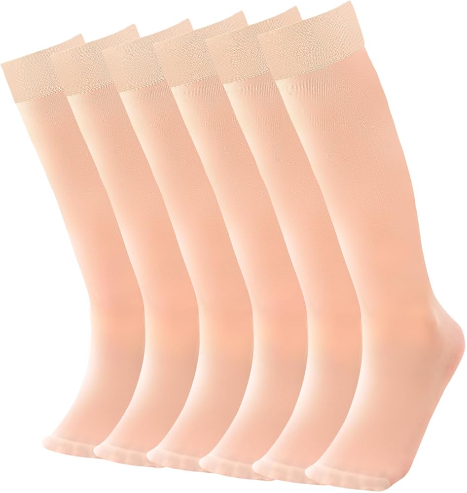 6 Pairs Knee High Stockings for Women, Elastic Fine Sheer Socks with Reinforced Toes 20 Denier Nylon One Size