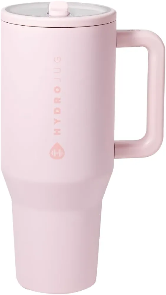 HydroJug Traveler - 32 oz Water Bottle with Handle & Flip Straw - Fits in Cup Holder, Leak Resistant Tumbler-Reusable Insulated Stainless Steel & Rubber Base - Gifts for Women & Men, Pink Sand