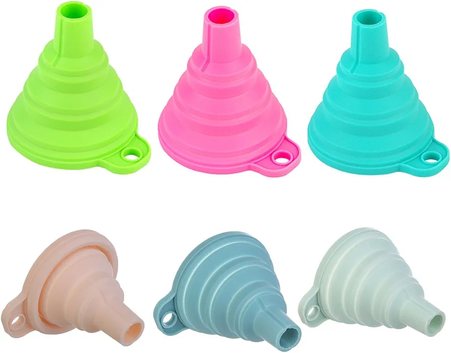 Food Grade Silicone Collapsible Funnel Set of 6, Small Foldable Kitchen Funnel for Liquid/Powder Transfer