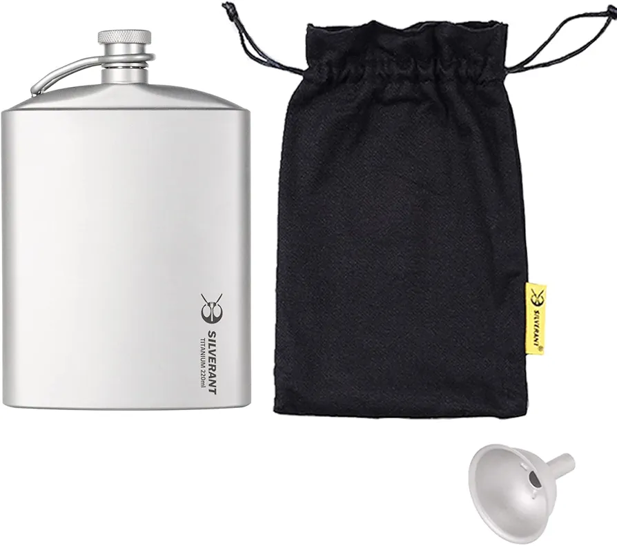 Titanium Hip Flask 220ml/7.74 fl oz, Ultralight Portable Leakproof Pocket Flask Flagon With Screw Cap Clip, Drawstring Cloth Case & Pouring Funnel