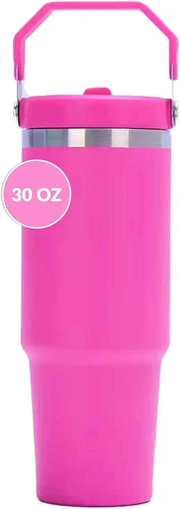 DUPE 30 oz Tumbler with Handle and Flip Straw Lid, Leak Proof Reusable Cup Stainless Steel Vacuum Insulated, Water Bottle Travel Mug Cupholder Friendly, Gifts for Women Him Her, BPA Free (Hot Pink)