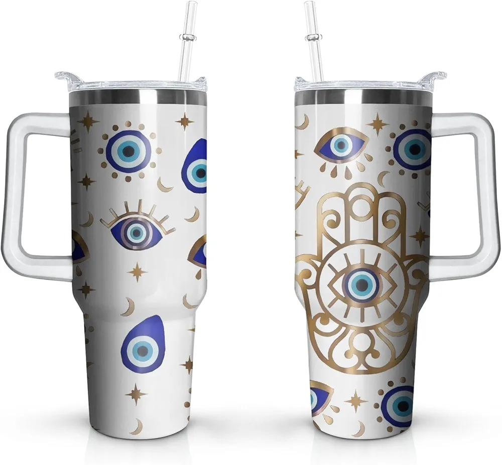 40oz Evil Eye Tumbler with Handle and Flip Straw, Evil Eyes Hand Stainless Steel Insulated Cup, Travel Coffee Mug Water Bottle, Birthday Gifts for Women Men