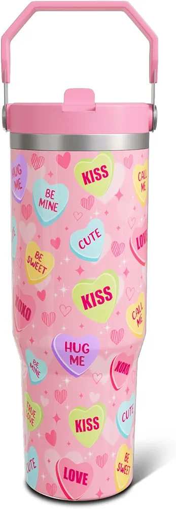 Valentine's Day Gifts 30oz Tumbler Gifts for Women Girls, Pastel Hearts Stainless Steel Insulated Cup, Top Handle and Flip Straw Water Bottle Mug Birthday Gift Ideal