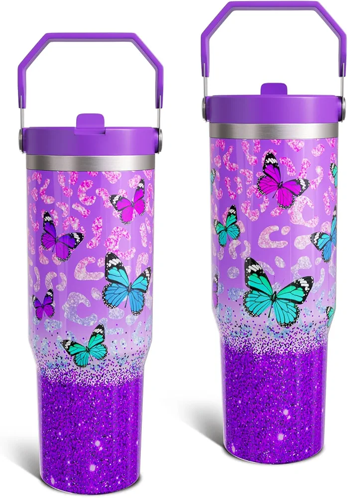 Butterfly Gifts 30 Oz Tumbler with Top Handle and Flip Straw, Glitter Aesthetic Stainless Steel Insulated Water Bottle Cup, Butterflies Lover Birthday Gifts for Women Girls (1 PC)