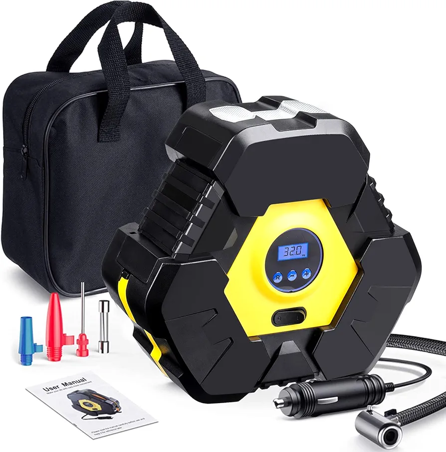 Air Compressor Tire Inflator, Portable Air Compressor for Car Tires, 12V Air Compressor with Emergency LED Light, 150 PSI Digital Tire Pump for Car, Bicycle, Ball and Other Inflatables
