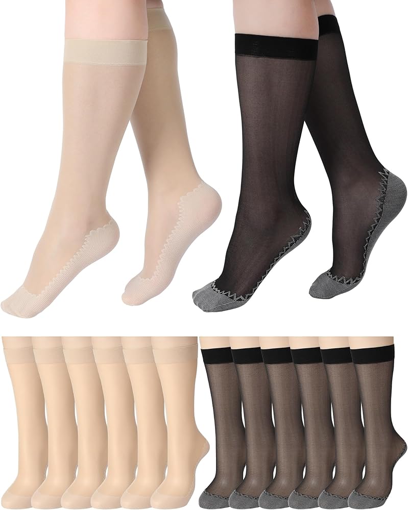 Chuarry 12 Pairs Women's Sheer Socks with Cotton Sole Bulk Nylons Calf Socks Silky Reinforced Toe Anti-Slip Hosiery for Women, Black and Nude