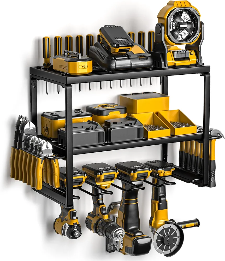 Power Tool Organizer with Charging Station, 4 Drill Holder Wall Mount, Quick Assembly, Garage Storage Rack for Handheld, Metal Tool Shelf Utility Rack for Cordless Power Tools, Suitable for Giving men