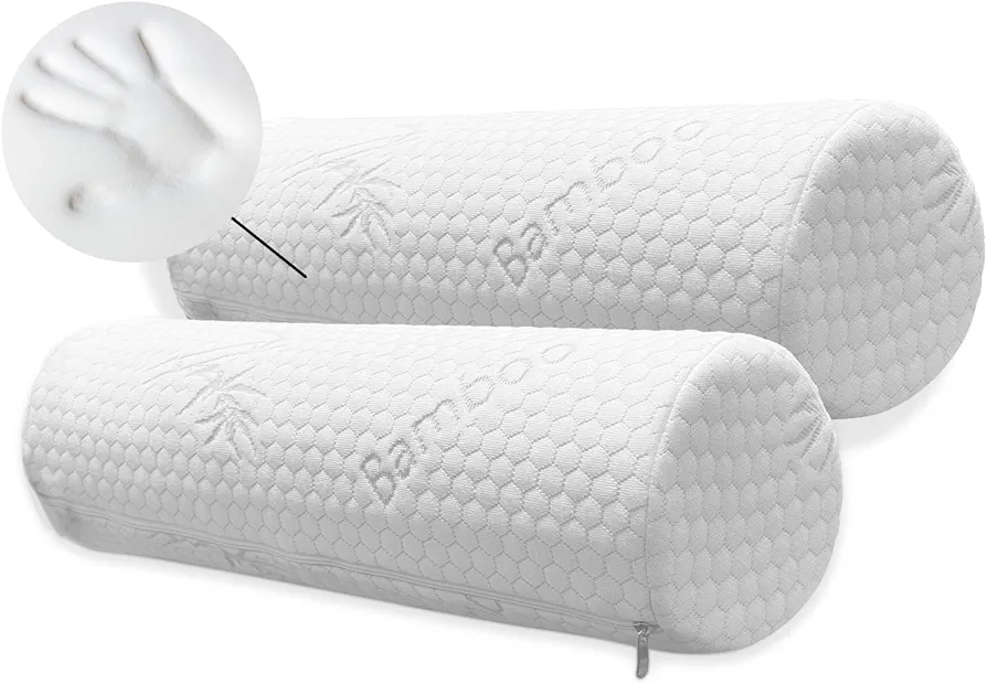 Bamboo Rayon Neck Roll Pillow for Sleeping - 2 Pack Memory Foam Bolster Pillow, Cervical Round Pillow for Support with Breathable Cover, Cylinder Tube Pillow for Bed, Legs, Back and Yoga