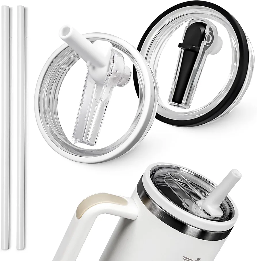 40 Oz Flat Bottomed Cup Flip Straw Lid Replacement,Leak Proof and Splash Proof Glass Cup Top,Suitable for Stanley Quencher Flat Bottomed Cup,Lids Come with Straw and Brush（black&white）2 Pack