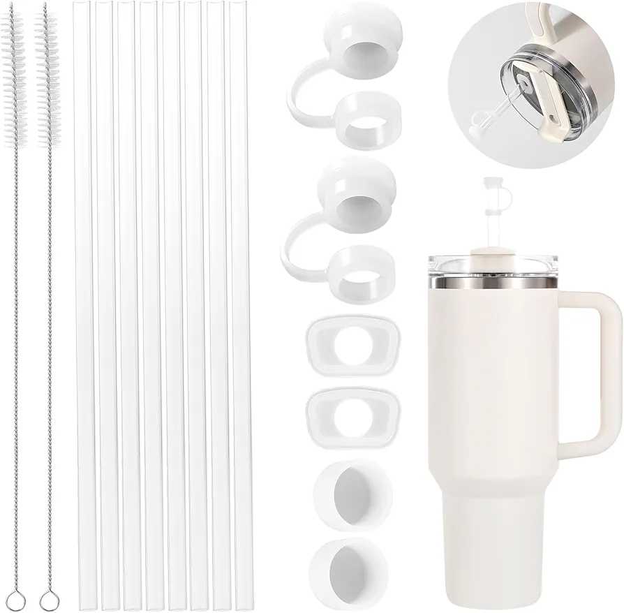 Replacement Straw Compatible with Stanley - 8 Pcs Reusable Straws and 6 Pcs Spill Stopper and Cover Topper with 2 Pcs Cleaning Brush for stanley 40 30 oz tumbler with handle Stanley Cup Accessories