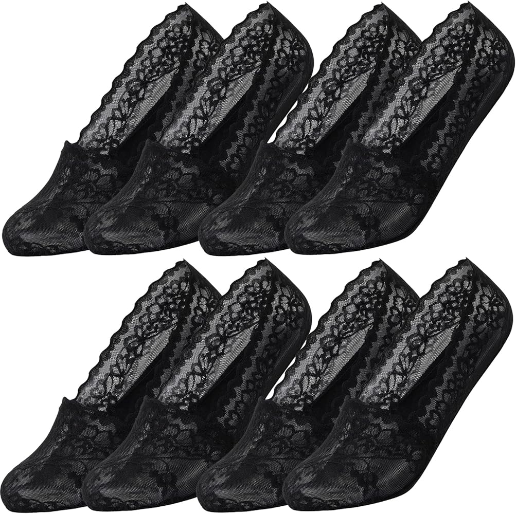 No Show Socks for Women 4 Pairs Low Cut Ankle Lace Socks Soft Anti Slid Invisible Summer Flat Socks