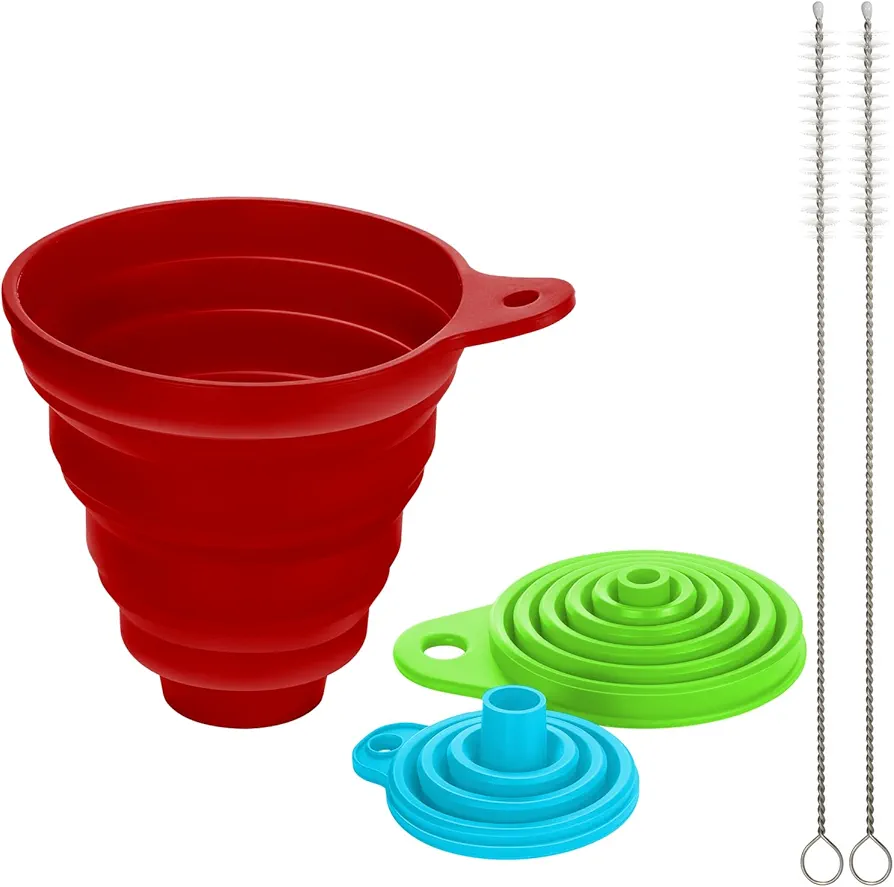 Kitchen Funnel Set, Food Grade Silicone Collapsible Funnel and 2Pcs Straw Cleaner Brush, Funnels for Filling Water Bottle Liquid Transfer