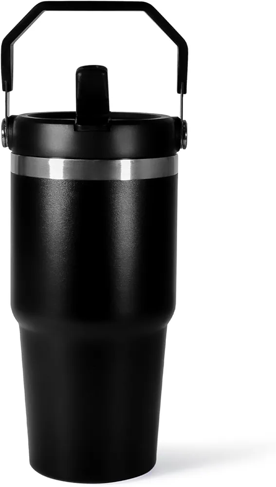 20 oz Tumbler with Handle, Insulated Tumbler with Lid and Flip Straw Leak Proof Double Wall Stainless Steel Vacuum Travel Coffee Mug Insulated Water Bottle Thermal Cup, Cupholder Friendly, Black