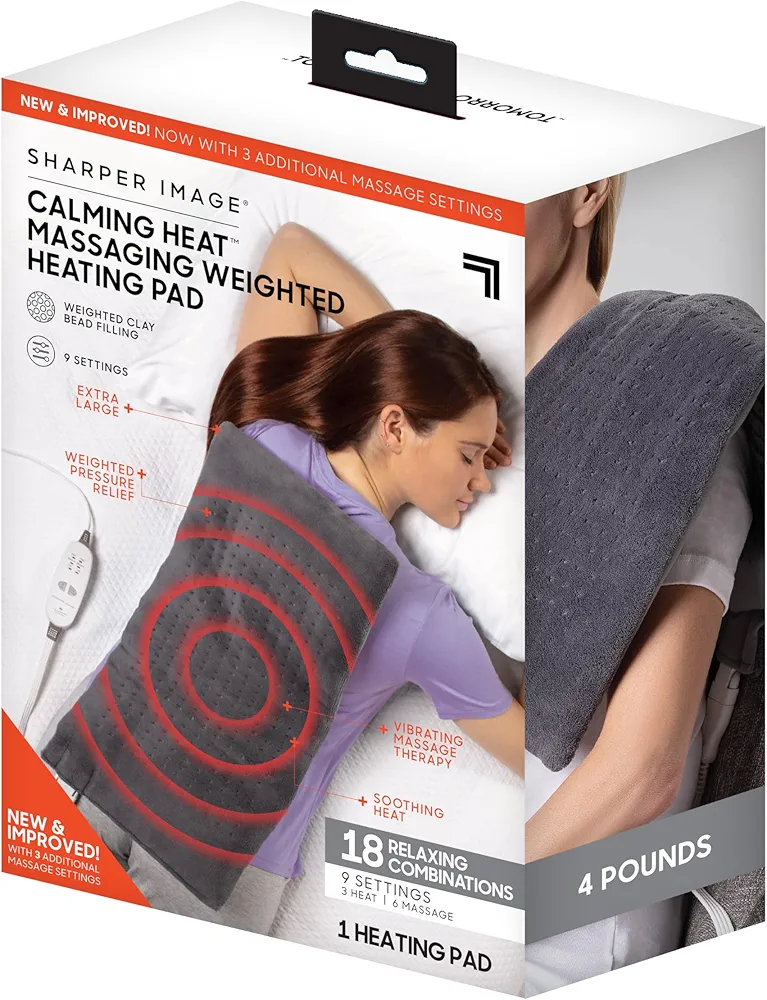 Calming Heat Massaging Weighted Heating Pad by Sharper Image- Weighted Electric Heating Pad with Massaging Vibrations, 6 Settings- 3 Heat, 3 Massage- 9 Relaxing Combinations, 12” x 24”, 4 lbs