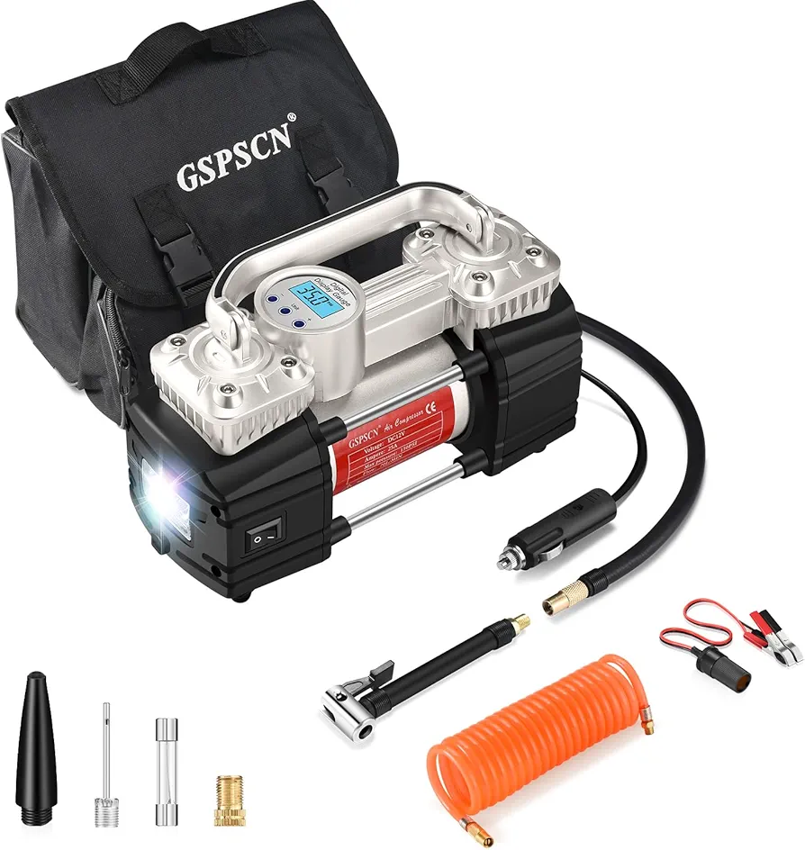 GSPSCN Portable Digital Car Tire Inflator with Gauge 150Psi Auto Shut-Off, Heavy Duty Double Cylinders 12V Air Compressor Pump with LED Light for Auto,Truck,Car,Bicycles,RV,SUV,Balls etc. Silver