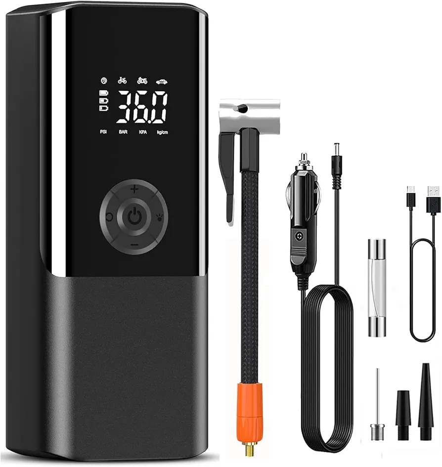 Portable air pump for car tires, 7500mAh tire inflator air compressor cordless, accurate pressure LCD display, 150Psi auto off tire pump with pressure gauge LED light for car, motorcycle, bike, ball