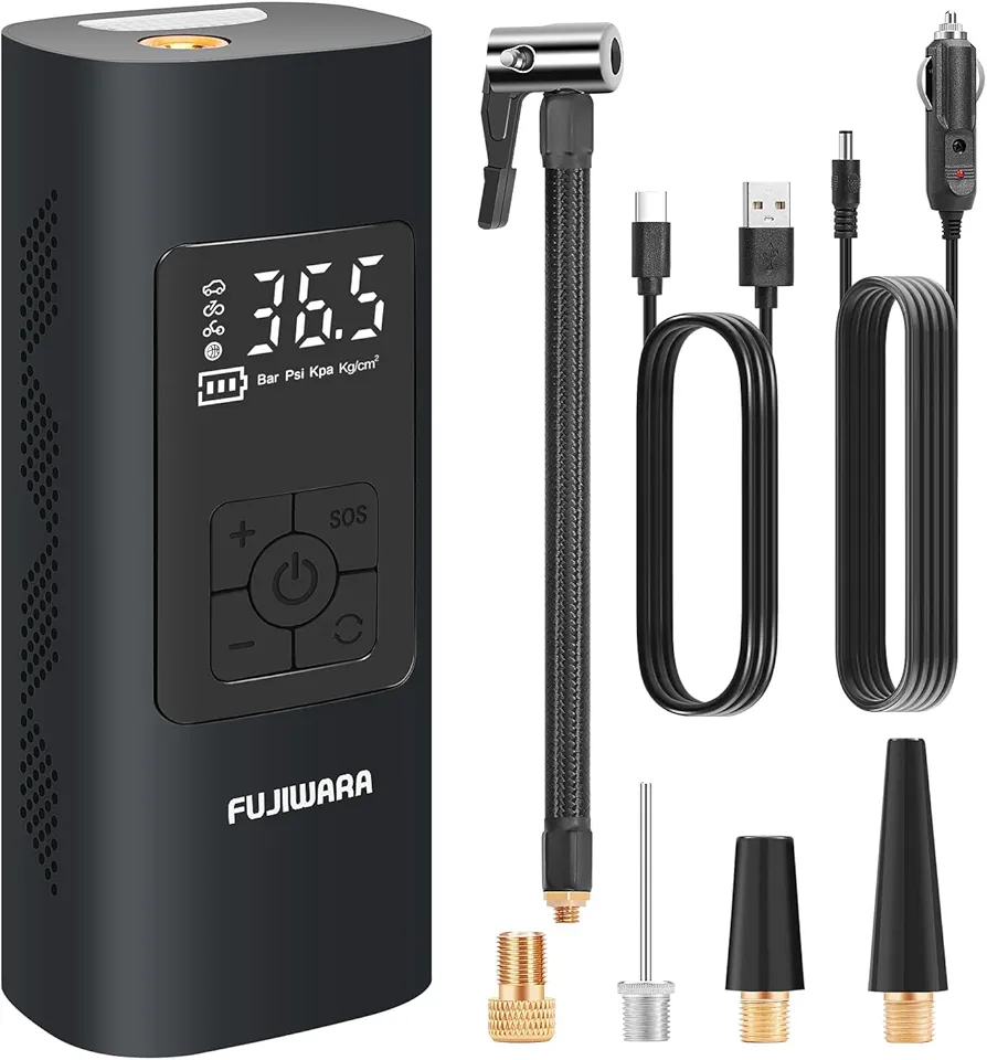 FUJIWARA Tire Inflator Cordless Portable Air Compressor Pump 6000mAh 150 PSI Auto Off Tire Inflation with Digital Pressure Gauge, Emergency Light for Car, Motor, Bike, Ball, Black