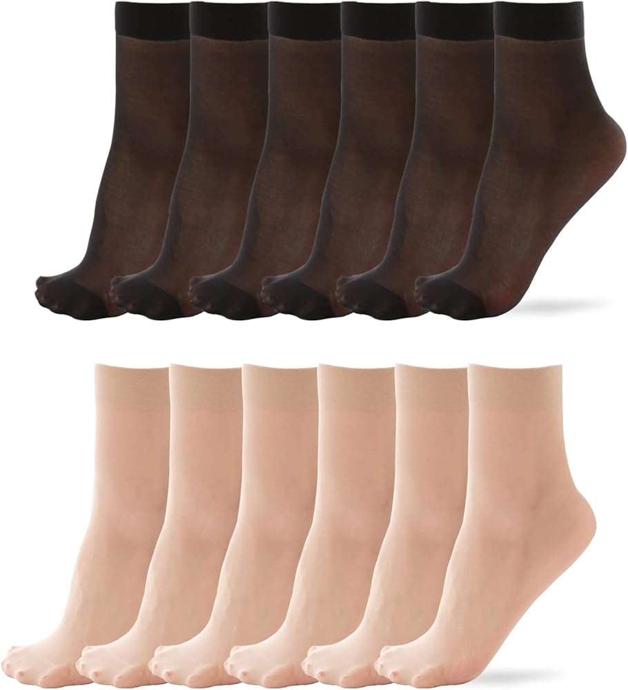 WAKUNA 12 Pairs Women's Ankle High Sheer Socks -20D Nylon Reinfored Toe Pantyhose Socks for Women