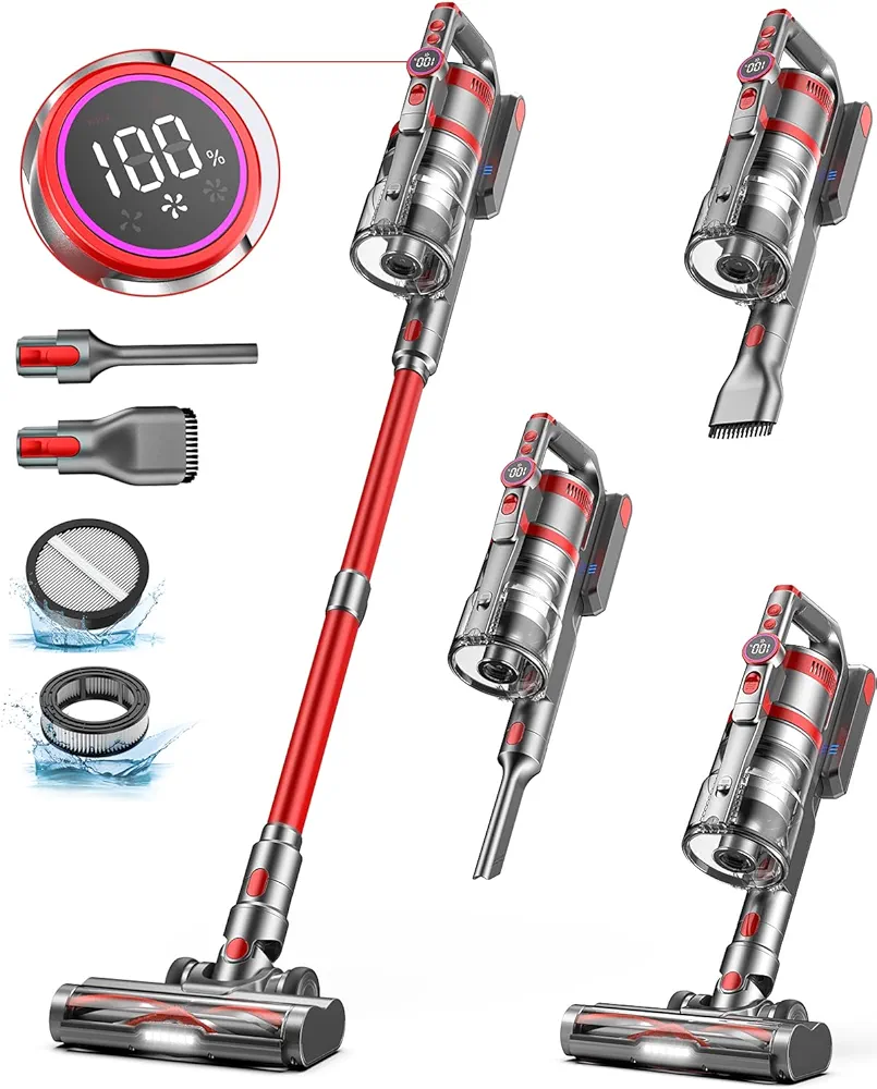 Cordless Vacuum Cleaner, 45KPA/550W Stick Vacuum with LED Screen, Max 60mins Runtime, Dual Handle Wireless Vacuum Cleaners for Home, Anti-Tangle Vacuum Cordless for Carpet/Hardwood/Pet Hair