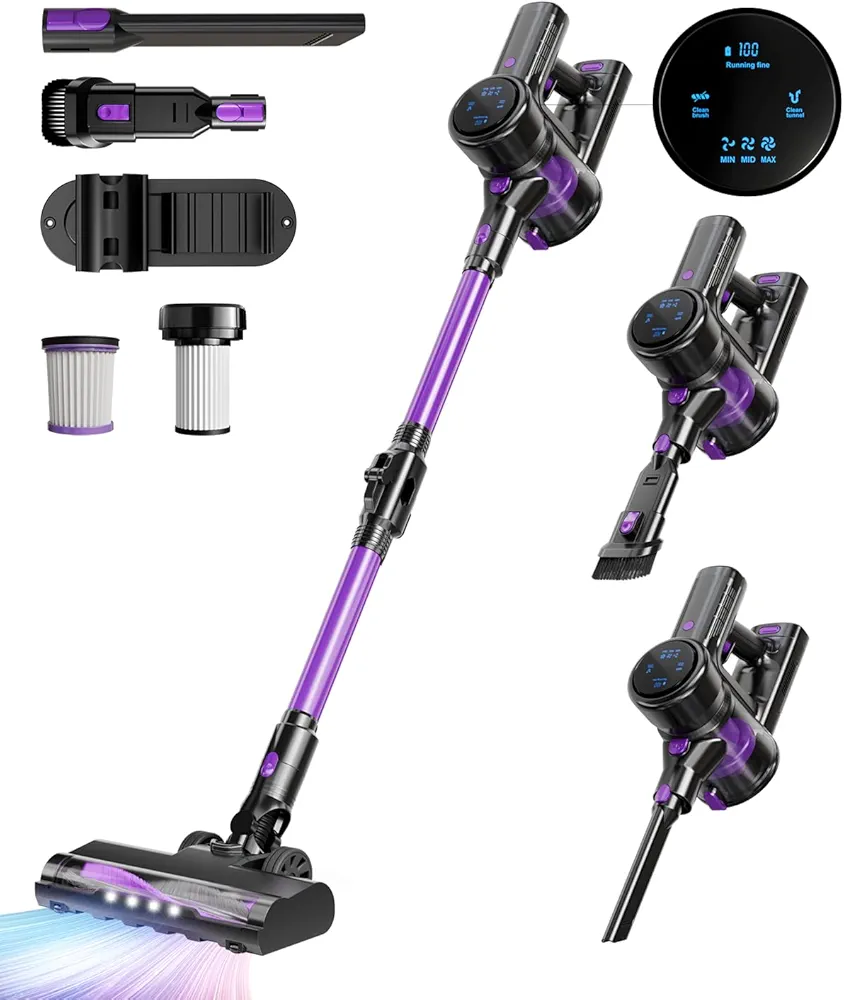 Cordless Vacuum Cleaner, 130AW Suction Stick Vacuum Cleaner with LED Headlight, 3 Modes 6 in 1 Cordless Vacuum with 40Min Detachable Battery Vacuum Cleaner for Home Hard Floor Car Carpet (Purple)