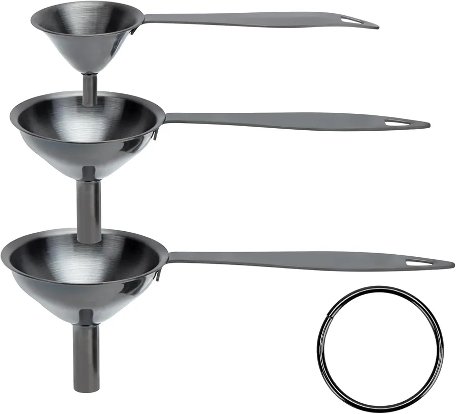 Small Funnels for Filling Bottles, Upgrade Long Handle Design Stainless Steel Metal Kitchen Funnel Set of 3, Food Grade Mini Funnel, Easy to Clean Essentail Oil, Spices, Flask Funnel (Black)