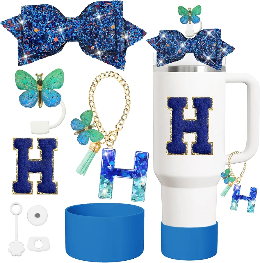 8PCS Cup Accessories Set,Straw Cover Cap for Stanley Cup 30oz or 40oz,Sticker for Stanley Decorations,Initial Letter Charm Personalized (Blue H)