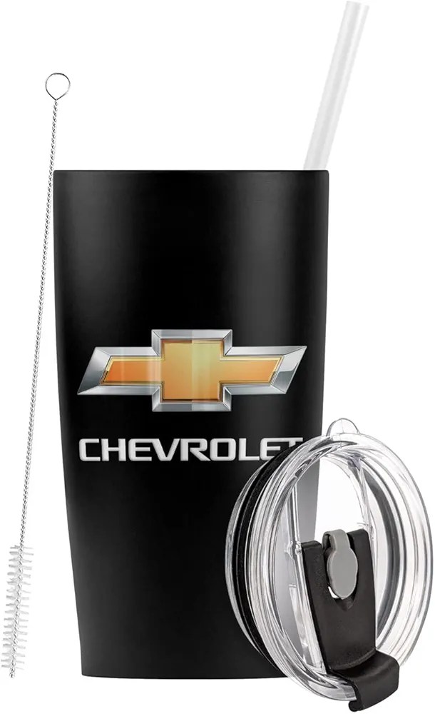 Logovision Chevy OFFICIAL Chrome Bowtie Stainless Steel Tumbler with Straw and Flip Lid 20 oz Travel Mug/Cup, Vacuum Insulated & Double Wall with Leakproof Dual Lid