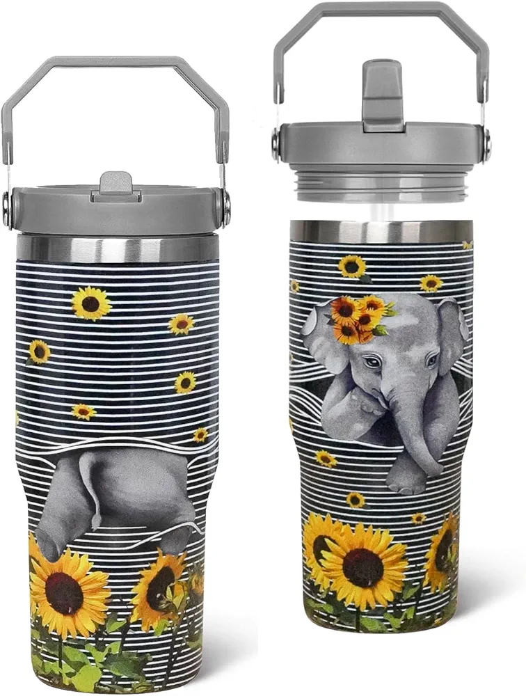 Elephant Tumbler 30 oz Sunflower Elephant Tumbler with Handle Water Bottle Coffee Travel Mug Elephant Gifts for Women Leak Proof Insulated Cup Elephant Stuff Gifts Decor