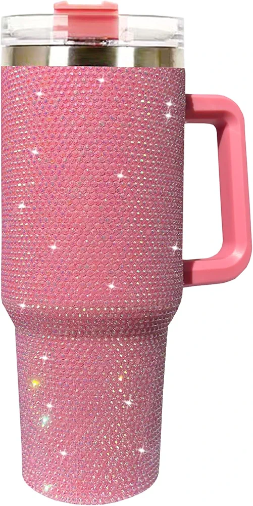 40 oz Bling Tumbler with Handle, Rhinestone Large Tumbler with Lid and Draw, Shiny Stainless Steel Thermos, Vacuum Insulated Travel Mug for Hot and Cold Beverages Thermos (Rose Pink)