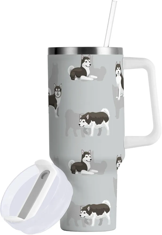 Dog Alaskan Malamute Grey Coat Insulated Tumblers Reusable Stainless Steel Tumbler 40 oz Cup Coffee Travel Mug Water Bottle with Handle & Flip Straw for Home Office Car