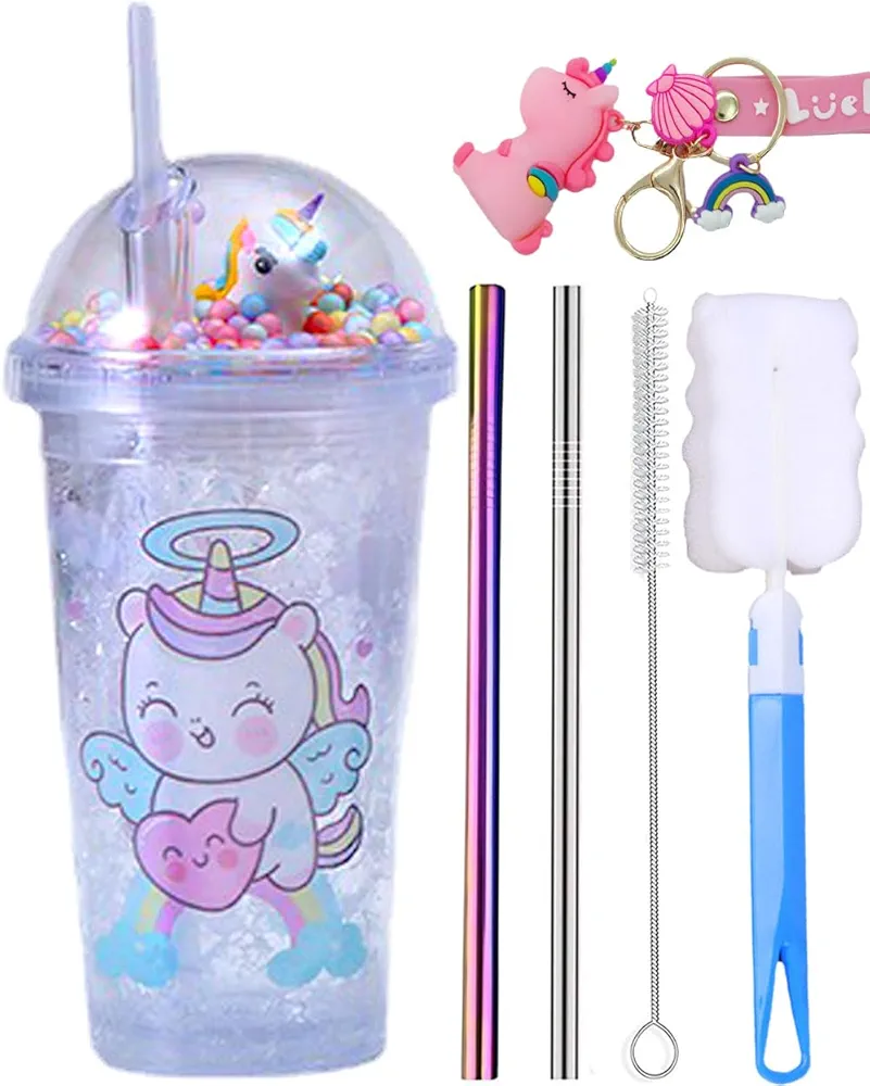 Unicorn Travel Tumbler with Straw Sequin Ice Drinking Cup Freezer Mug Plastic Cup for Picnic Party Birthday (unicorn angle 8)