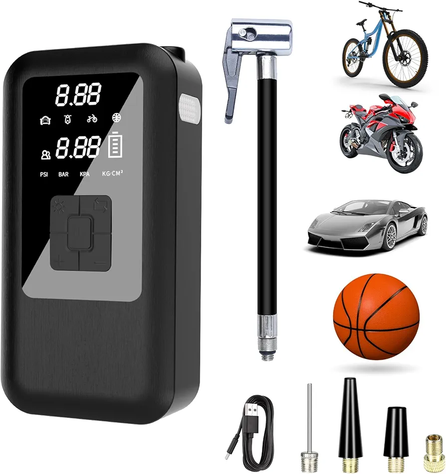 Tire Air Inflator Pump Portable Battery Powered Air Pressure Compressor with Digital Pressure, 150psi Cordless Fast Air Pump for Car Tires, for Car, Motorcycle, Bike, with LED Light