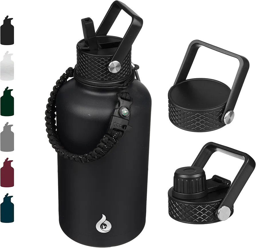 BJPKPK Half Gallon Insulated Water Bottles with Straw Lid,64oz Large ,Stainless Steel Water Bottles with 3 Lids and Paracord Handle for Hot & Cold Liquid, Black