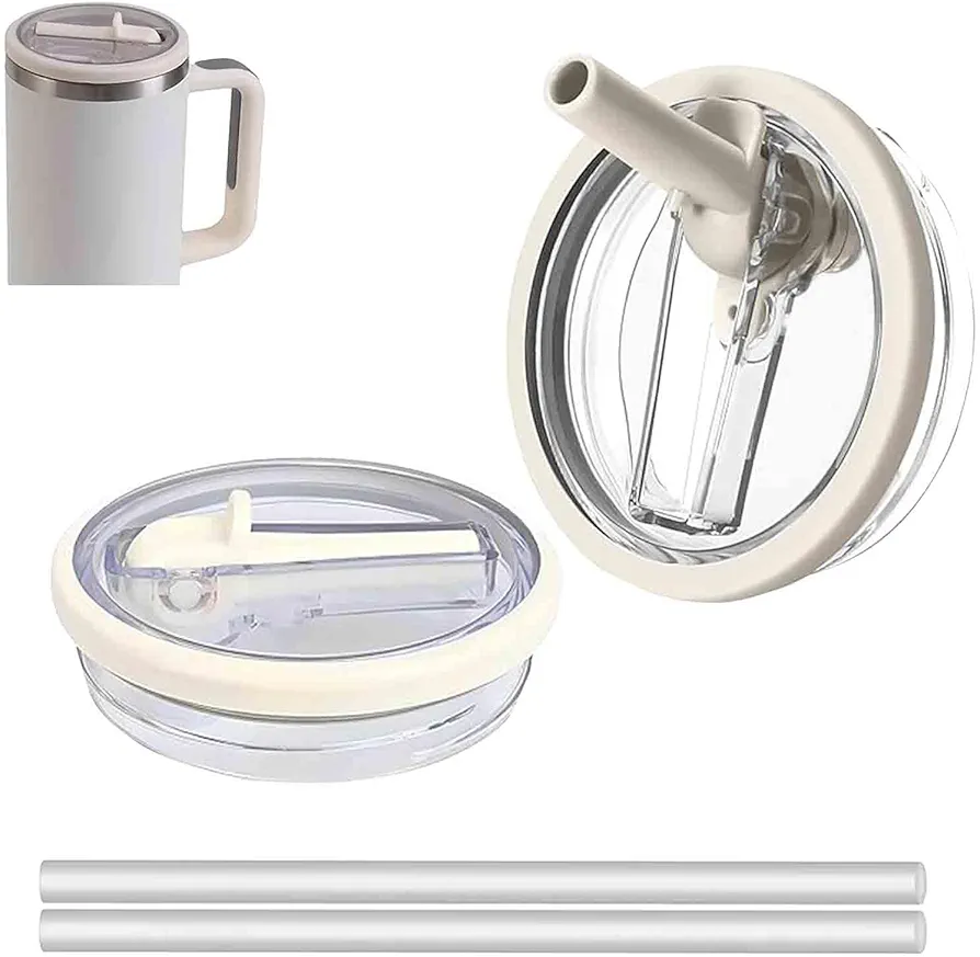 40 oz Tumbler Flip Straw Lid Replacement Fit for Stanley Quencher, Leak Proof Stanley Lid Replacement, Spill Proof Reusable Tumbler Cover with Stanley Cup Accessories-2 Pack (Cream White)