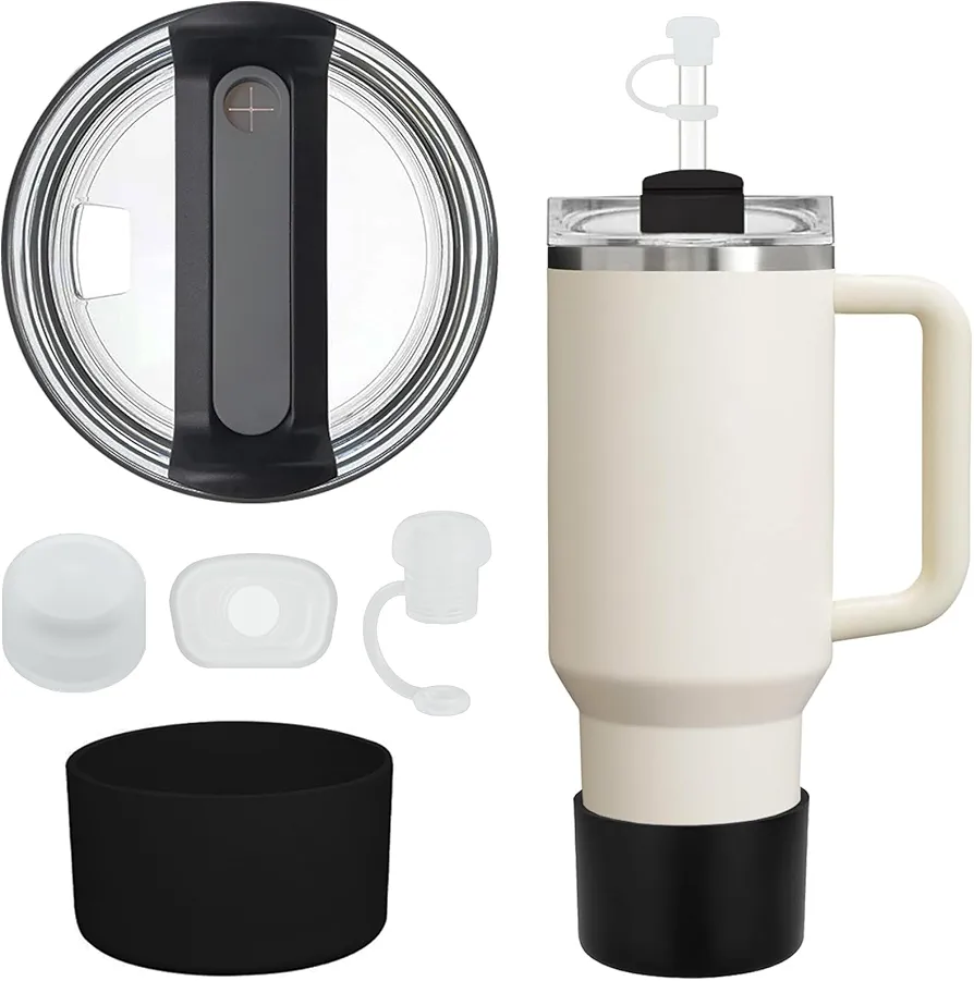 Tumbler Lid for Stanley Cup, 40 OZ Replacement Lid, With Spill Stopper and Anti-Slip Kit, Suitable for Stanley Quencher H2.0 Tumbler 40 OZ / 1.18 L (Black)