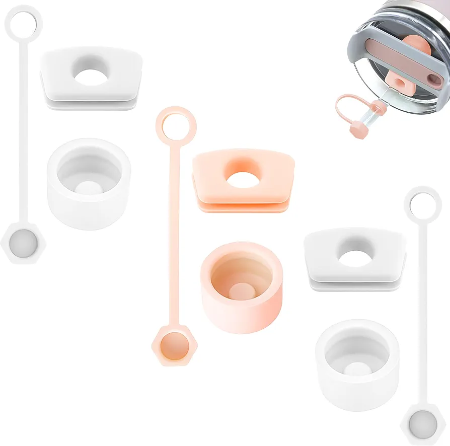 SofiSan® 3 Set Silicone Spill Proof Stopper, Compatible with Stanley Cup 2.0 40/30oz | Accessories Includes 3 Straw Lid Cover, 3 Square Spill Stopper, 3 Round Leak Proof Lid Stopper (Clear and Pink)