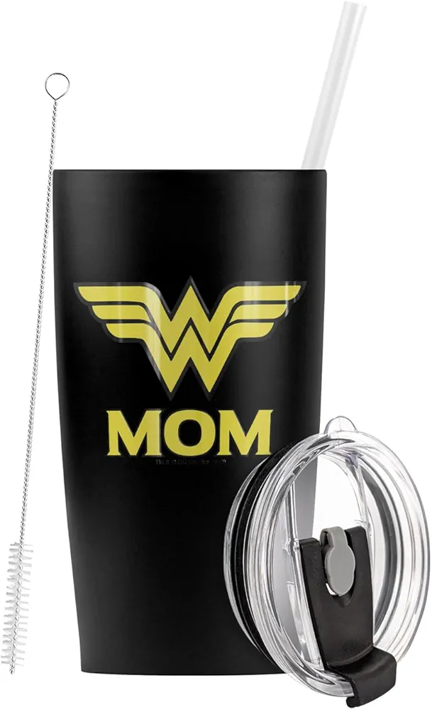 LOGOVISION DC Wonder Woman Wonder Mom Logo Stainless Steel Tumbler with Straw and Flip Lid 20 oz Vacuum Insulated & Double Wall with Leakproof Dual Lid | Great for Iced Coffee and Hot Beverages