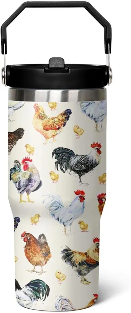 30 oz Flip tumbler with handle,30 oz Chicken Tumbler with lid and Straw,Chicken Stainless Steel Cup Coffee Travel Mug,Chicken Gifts for Chicken Lovers,Rooster Stuff Decor Accessories