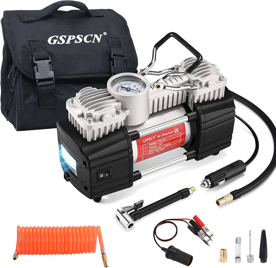 GSPSCN Portable Tire Inflator Double Cylinder Air Compressor Pump with LED Light, 12V Air Pump for Car Tires, 150 PSI Heavy-Duty Metal Tire Pump with Locking Air Chuck for Auto,SUV,RV,Truck,Balls
