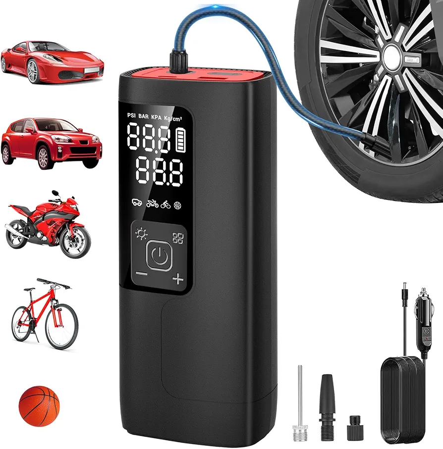 UABRLA Tire Inflator Portable Air Compressor 20000mAh & 12V DC Bike Tire Pump, 3X Faster Cordless Tire Pump for Car, Bicycle, Motorcycle, Ball, with Tire Pressure Gauge/Red