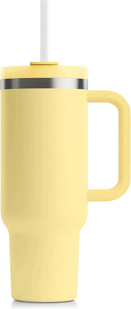 RTIC 40 oz Road Trip Tumbler Double-Walled Insulated Stainless Steel Portable Travel Coffee Mug Cup with Lid, Handle and Straw, Ceramic-Lined, Sunlight