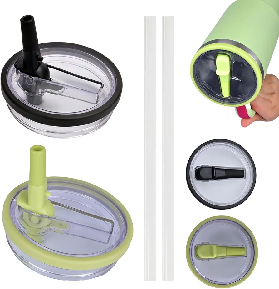 2 Pack 40 oz Tumbler Flip Straw Lid Replacement fit Only for Stanley Quencher, Spill Proof Splash Resistant Tumbler Lids for Stanley, Silicone Nozzle PCTG material (Black & Orchid)