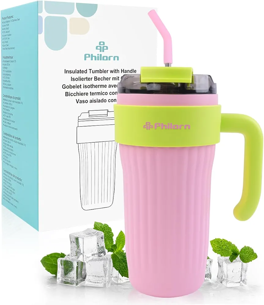 PHILORN Stainless Steel Tumblers, 27oz Pink Tumbler with Handle and Straw | Leak Proof Tumbler Insulated Tumblers | Thermal Cups for Hot & Cold Drinks | Gift for Girl Women| Kids Tumbler for Outdoor