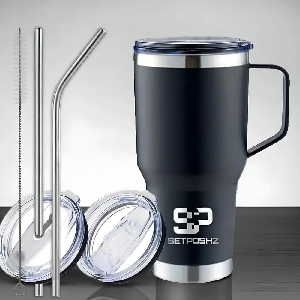 30 oz Tumbler with Handle – Insulated Travel Mug with Dual Lids, Stainless Steel Straw, and Brush – Leak-Proof, Lightweight, and Stylish Black Cup for Hot & Cold Drinks
